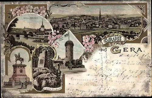 Litho Gera in Thüringen, Schloss Osterstein, Kaiser Wilhelm Denkmal, Liebe-Denkmal, Ferber-Turm