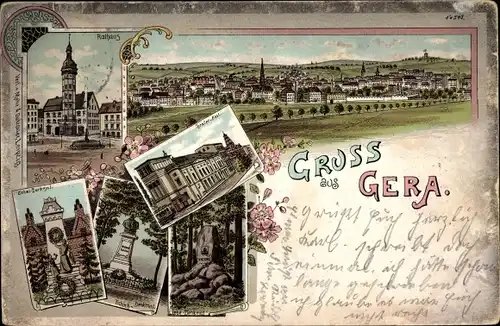 Litho Gera in Thüringen, Rathaus, Post, Denkmal, Gesamtansicht