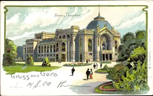 Litho Gera Thüringen, Neues Theater, Gartenanlage, Spaziergänger
