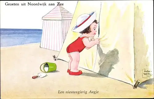 Künstler Ak Wills, John, Noordwijk aan Zee, Mädchen schaut in Strandzelt