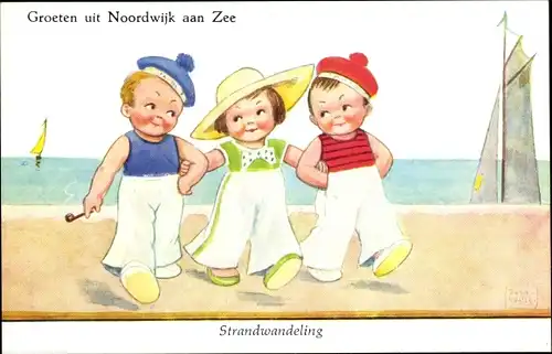 Künstler Ak Wills, John, Noordwijk aan Zee, Mädchen mit zwei Matrosen am Strand
