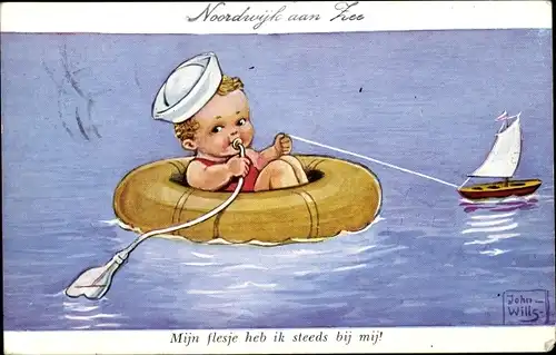 Künstler Ak Wills, John, Noordwijk aan Zee, Junge im Schwimmring, Trinkflasche