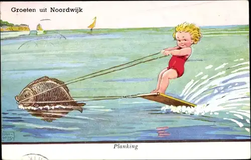 Künstler Ak Wills, John, Noordwijk aan Zee, Kind fährt Wasserski, von Fisch gezogen