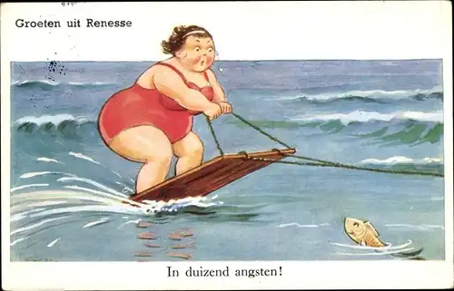 Künstler Ak Wills, John, Renesse Zeeland, dicke Frau im Badeanzug, Wasserski, Fisch