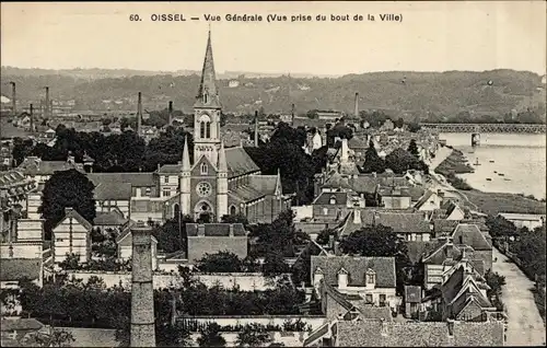 Ak Oissel Seine Maritime, Ortsansicht, Blick über die Dächer, Kirchturm