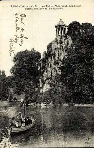 Ak Paris XIX. Buttes Chaumont, Park, Boot, Belvedere