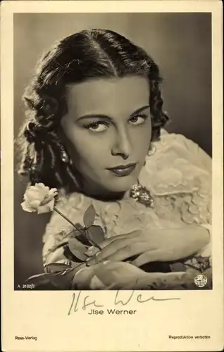 Ak Schauspielerin Ilse Werner, Portrait, Rose, Autogramm