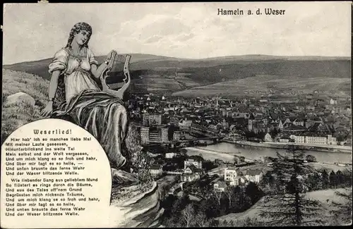 Ak Hameln an der Weser Niedersachsen, Gesamtansicht, Weserlied, Frau mit Lyra