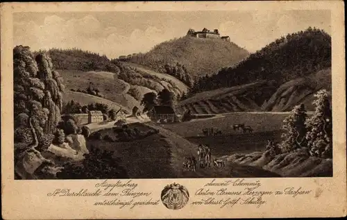Künstler Ak Augustusburg im Erzgebirge, Schloss Gastwirtschaft, Landschaft