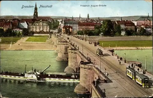 Ak Dresden Neustadt, Friedrich-August-Brücke, Schiff, Tram