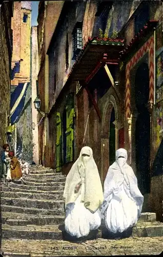 Ak Algier Alger Algerien, Frauen in Burka auf der Treppe, la Casbah