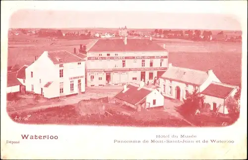 Ak Waterloo Wallonisch-Brabant, Hotel du Musee, Panorama von Mont Saint Jean und Waterloo