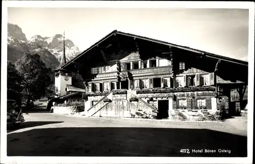 Ak Gsteig b. Gstaad Kanton Bern, Hotel Bären, Kirche, Freitreppe