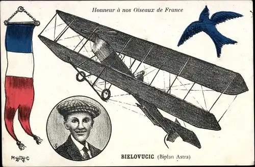 Ak Ehre an unsere Vögel von Frankreich, Bielovucic, Astra Biplane