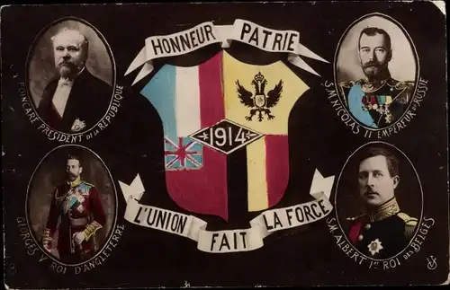 Ak Raymond Poincaré, Zar Nikolaus II., Georg V. von England, Albert I. v. Belgisch, Alliierte 1914