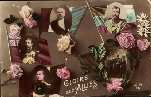 Ak Ehre sei den Alliierten, Präsident Poincaré, Zar Nikolaus II., König Georg V., König Albert I