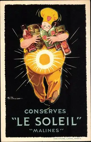 Ak Reklame, Conserves Le Soleil, Mechelen, Dicker Mann mit Konserven