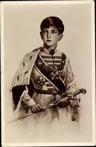 Künstler Ak Prinz Peter II. von Jugoslawien, Porträt, Schwert