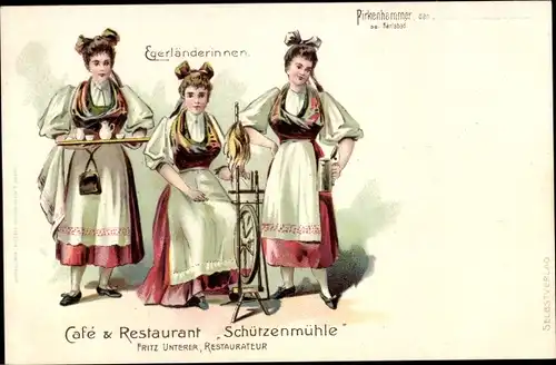Litho Březová Pirkenhammer Karlsbader Region, Cafe-Restaurant Schützenmühle, Egerländerinnen