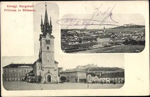 Ak Příbram Pibrans Mittelböhmen, Totalansicht, Platz, Turm