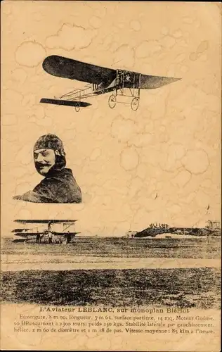 Ak L'Aviateur Leblanc, sur monoplan Blériot, Pilot, Flugpionier