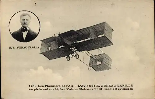 Ak Die Pioniere der Luft, Flieger E. Buneau-Varilla im vollen Flug auf einem Voisin-Doppeldecker