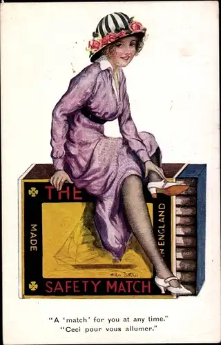 Künstler Ak A Match for you at any Time, Safety Match, Streichholzschachtel, Junge Frau, Strümpfe