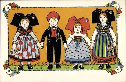 Künstler Ak Hansi, Jean Jacques Waltz, Elsässer Kinder in Trachten
