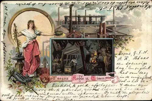 Litho Gott segne Kohle und Eisen, Bergwerk, Hüttenanlagen, Allegorie