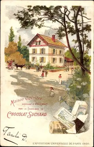 Litho Paris, Weltausstellung 1900, Vincennes, Arbeiterhaus der Fabrik Chocolat Suchard