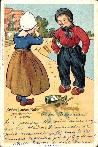 Ak Erven Lucas Bols, Amsterdam, zerbrochene Schnapsflasche, niederländische Volkstrachten