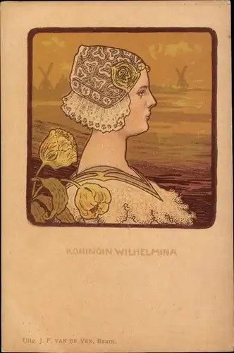 Jugendstil Künstler Ak Königin Wilhelmina der Niederlande, Portrait, Trachtenhaube