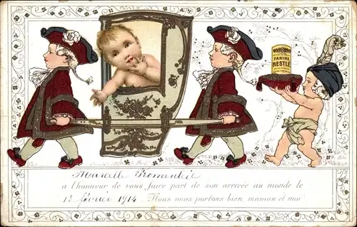 Litho Reklame, Nestle Kindermehl, Baby in einer Sänfte, Geburtsanzeige