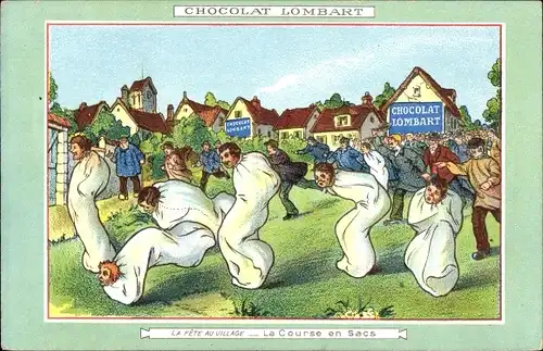 Ak Reklame, Chocolat Lombart, Paris, La Fete au Village, Sackhüpfen