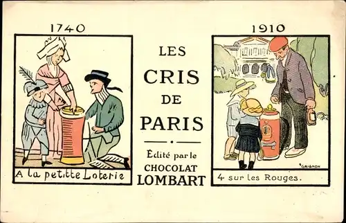 Künstler Ak Les Cris de Paris, Chocolat Lombart, Reclame, la petite Loterie, 4 sur les Rouges