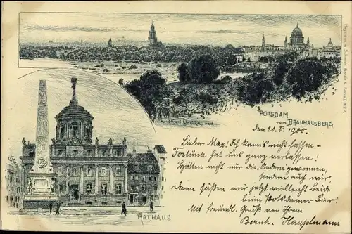 Litho Potsdam in Brandenburg, Rathaus, Blick vom Brauhausberg