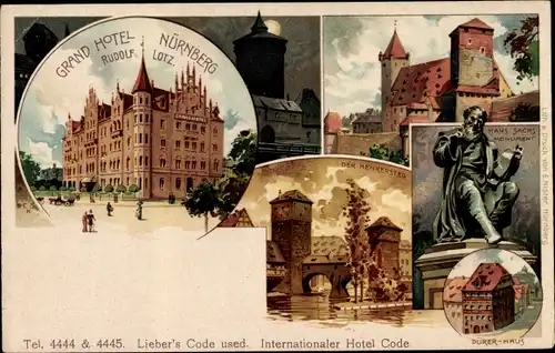Litho Nürnberg in Mittelfranken, Henkersteg, Hans Sachs Monument, Grand Hotel