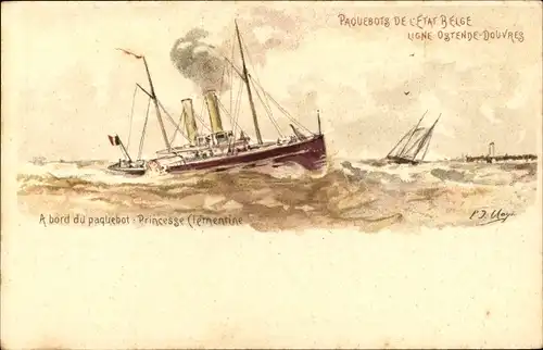 Ganzsachen Künstler Litho Belgien, Fährschiff Clementine, Linie Ostende Dover