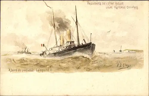 Ganzsachen Künstler Litho Belgien, Fährschiff Leopold II, Linie Ostende Dover