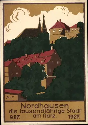 Künstler Ak Nordhausen am Harz, Ortspartie, Dom, 1000jähriges Jubiläum 1927
