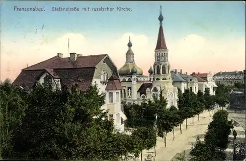 Ak Františkovy Lázně Franzensbad Region Karlsbad, Stefanstraße mit russischer Kirche