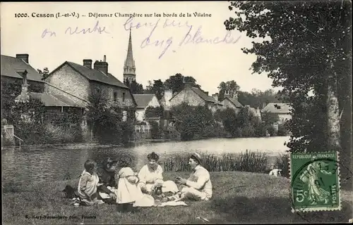 Ak Cesson Sevigne Ille et Vilaine, Picknick am Flussufer