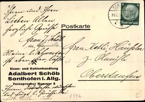 Ak Sonthofen im Oberallgäu Schwaben, Eisen und Kohlenhandlung