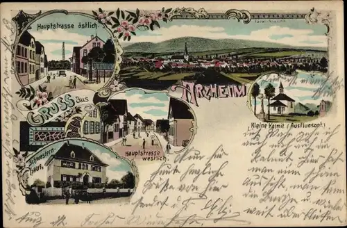 Litho Arzheim Landau in der Pfalz, Hauptstraße, Schwesternhaus, Kleine Kalmit, Kapelle