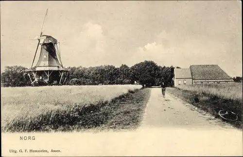 Ak Norg Drenthe, Feldweg, Windmühle, Fahrradfahrer