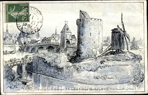 Ak Compiègne Oise, Turm, Windmühle, Brücke