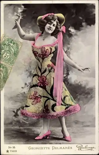 Ak Schauspielerin Georgette Delmarés, Portrait im Kleid