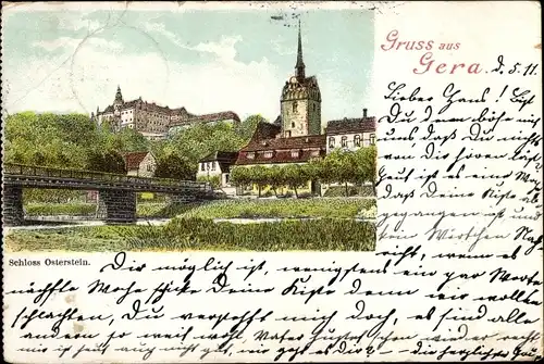 Litho Gera in Thüringen, Schloss Osterstein, Untermhaus, Brücke