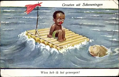 Künstler Ak Wills, John, Scheveningen, dunkelhäutiges Kind auf einem Floß, Fisch