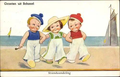Künstler Ak Wills, John, Schoorl Nordholland, Mädchen mit zwei Matrosen am Strand